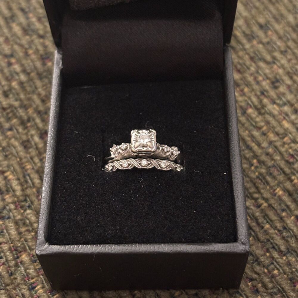 Mid Century Inspo Diamond Illusion Set Bridal Ring Double Band White Gold Sz 6*